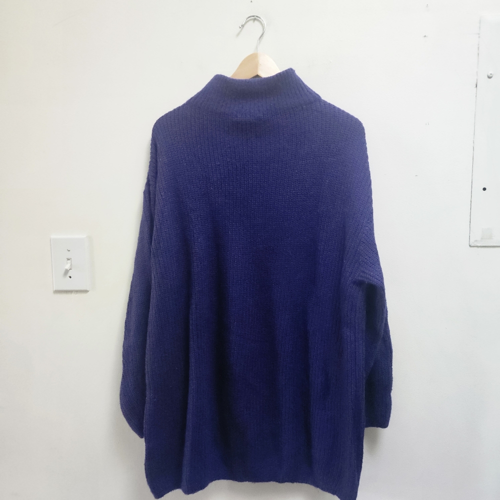 H&M Women's Oversized Ribbed Knit Sweater Size L Blue Mohair High Neck - Picture 2 of 8